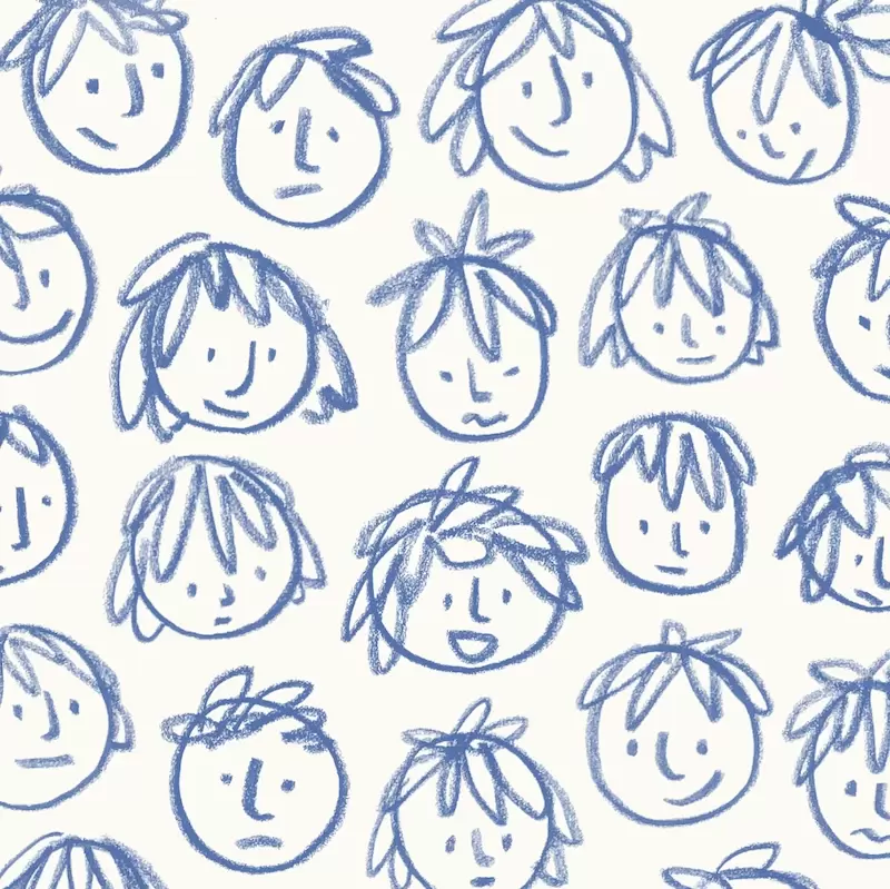 Crayon drawing children faces with different expressions