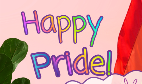 Pride illustration by Sunshine Avery featuring a hidden emotional support frog, rainbow flag, sleeping cat, and message celebrating creativity and queer joy.Image reads:  Happy Pride-   May your executive dysfunction be minimal, your dopamine plentiful, and your hyperfixations interesting.  There is a grey cat sitting on a desk with a window in the background that has a pride flag as a window covering.  The flag is slightly angled out like the wind could be blowing it.  There are crystals, mushrooms, and a stack of books on the desk as well as an open journal that has pride stickers in it.  there are also two house plants- the on e on the left has a small hidden emotional support frog on one of its leaves.