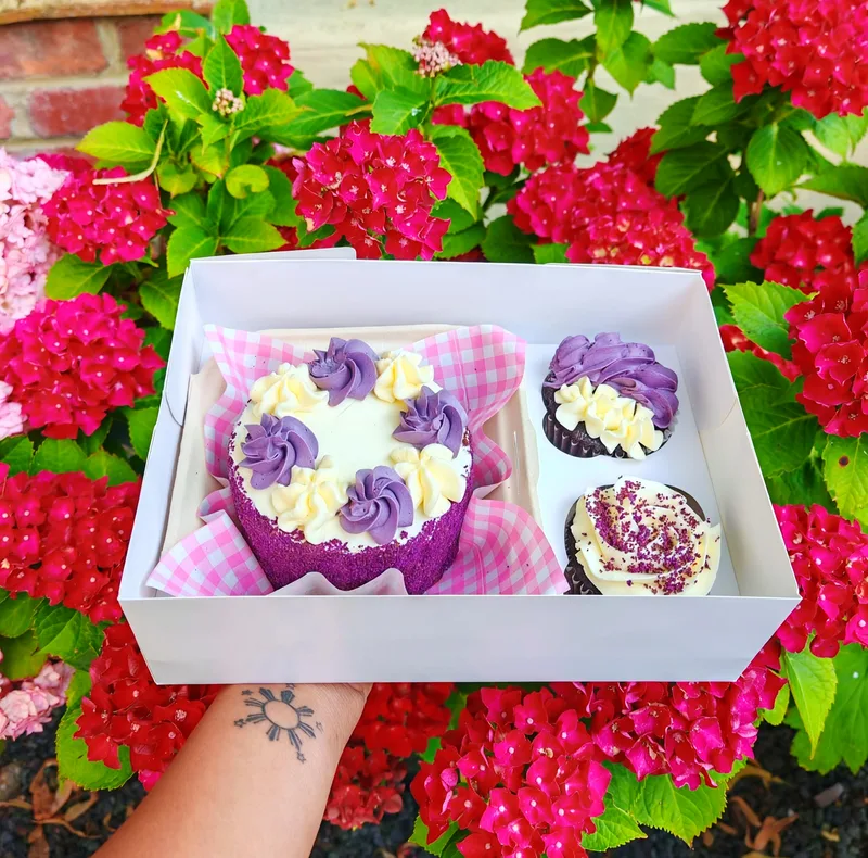 Purple bento cake with two cupcakes