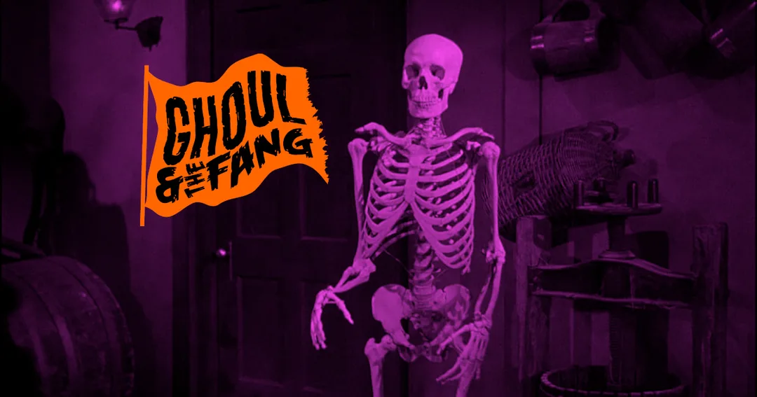 A spooky scary skeleton skulks around in the 1958 film HOUSE ON HAUNTED HILL. A haunted, pumpkin-orange version of the Phoole and the Gang flag reads “Ghoul and the Fang” and is tattered at the edge.