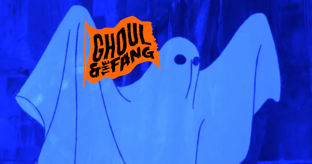 A spooky ghost from a Scooby Doo cartoon. A haunted, pumpkin-orange version of the Phoole and the Gang flag reads “Ghoul and the Fang” and is tattered at the edge.
