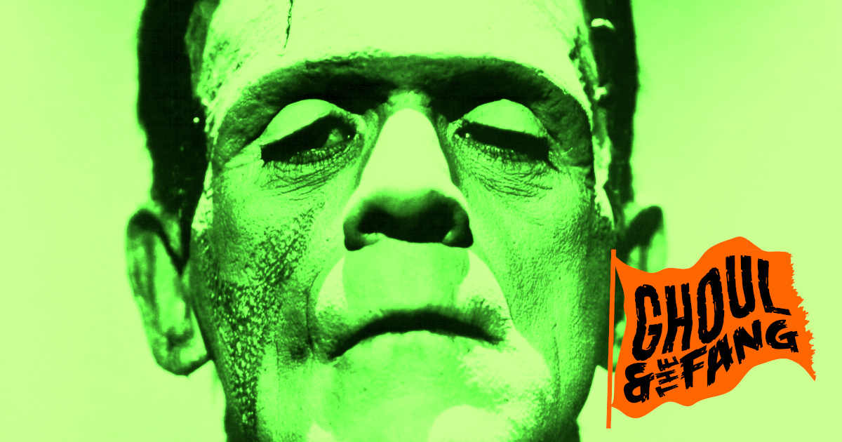 Boris Karloff as Frankenstein’s monster, bathed in spooky green light. A haunted, pumpkin-orange version of the Phoole and the Gang flag reads “Ghoul and the Fang” and is tattered at the edge.