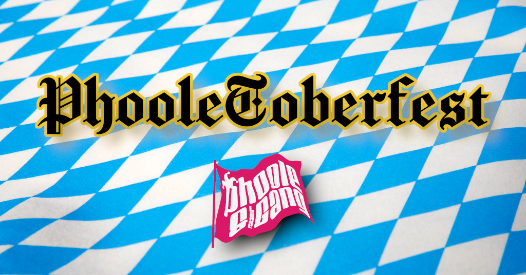 The Bavarian flag, with its blue and white alternating diamonds, ripples behind block-letter text “Phooletoberfest.” The fuchsia Phoole and the Gang flag hovers nearby.