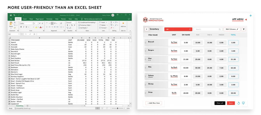Showing our inventory page next to an Excel spreadsheet of someone's inventory. Showing how our app is more user-friendly.