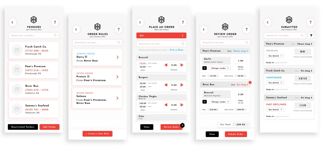 An assortment of other screens throughout the app that use the card layout.