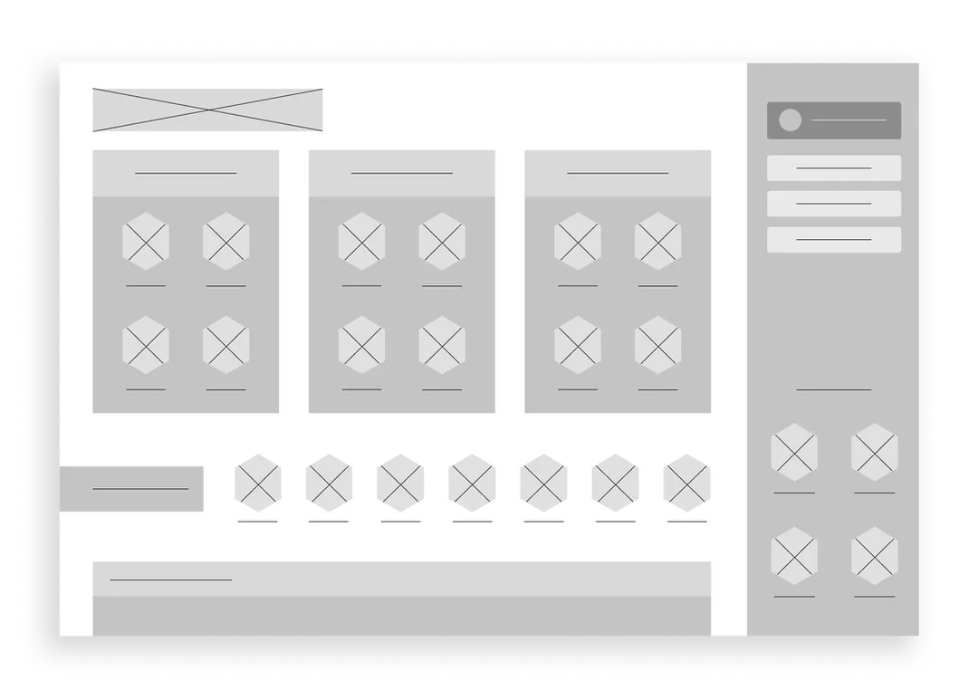 Early wireframe of web app homescreen, very low fidelity.