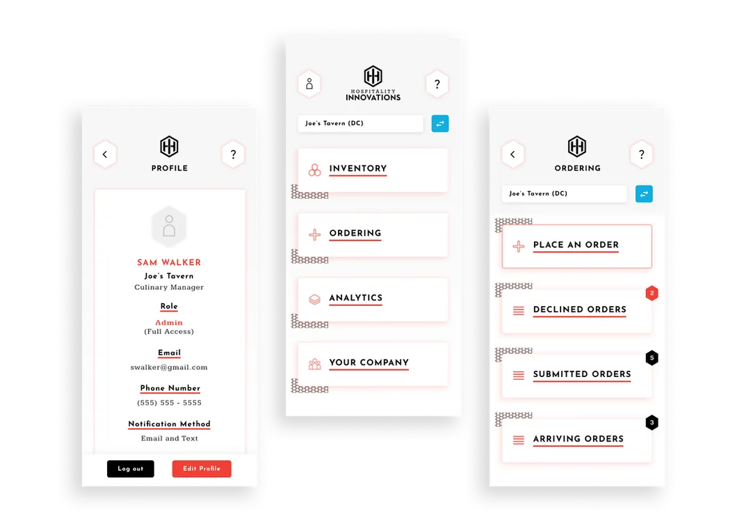 Showing our primary screens of the app, displaying our basic home screens and profiles, showing sparing use of red brand color. It is mostly clean with white and light greys.