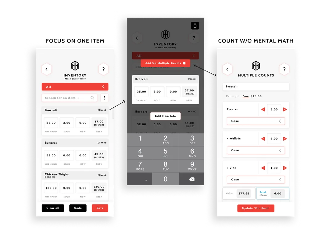 Showing how you can click onto a card, it pops up in its own view, and then you can select from more options. You can choose to add up multiple counts and total many counts together, to prevent mental math and switching to a calculator.