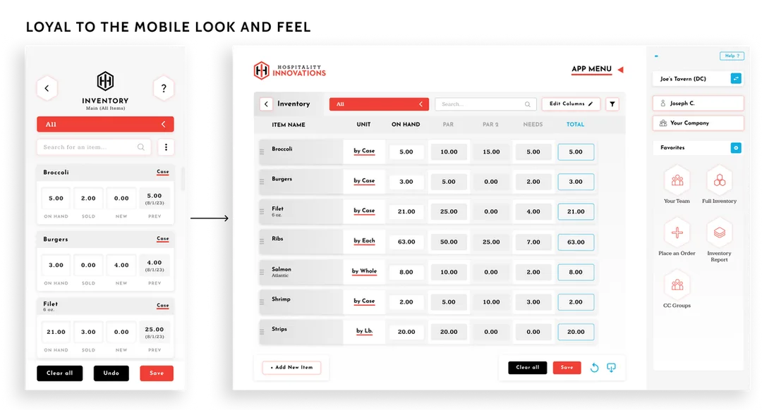 Showing the mobile inventory screen and the web inventory screen to display how it is still loyal to the original look and feel.
