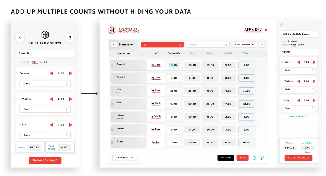 Adding up multiple counts is better on web, because you can see your inventory concurrently. On mobile, you add them up on a new screen.