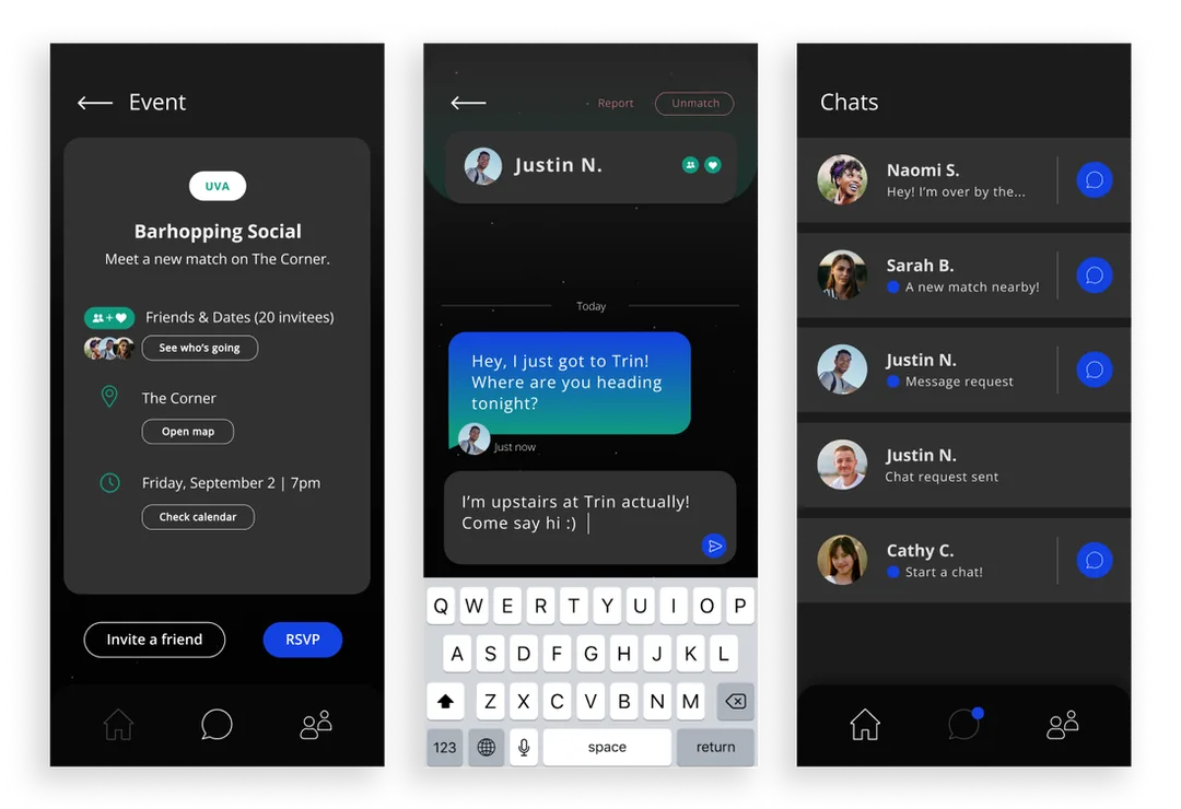 Screens showing an example event you could be invited to, an example chat of someone finding their connection in real life, and a list of chats that a user might see.