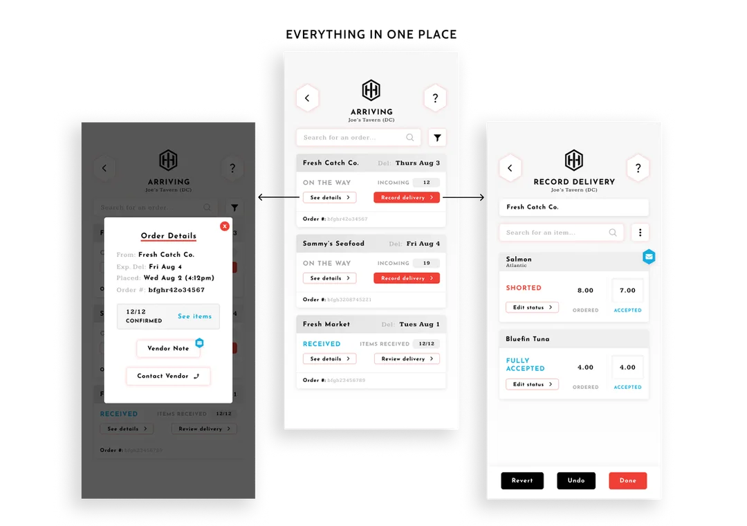 Showing our list of existing orders that have been placed, showing how you can see the order details and record the delivery that arrived, from one order card.