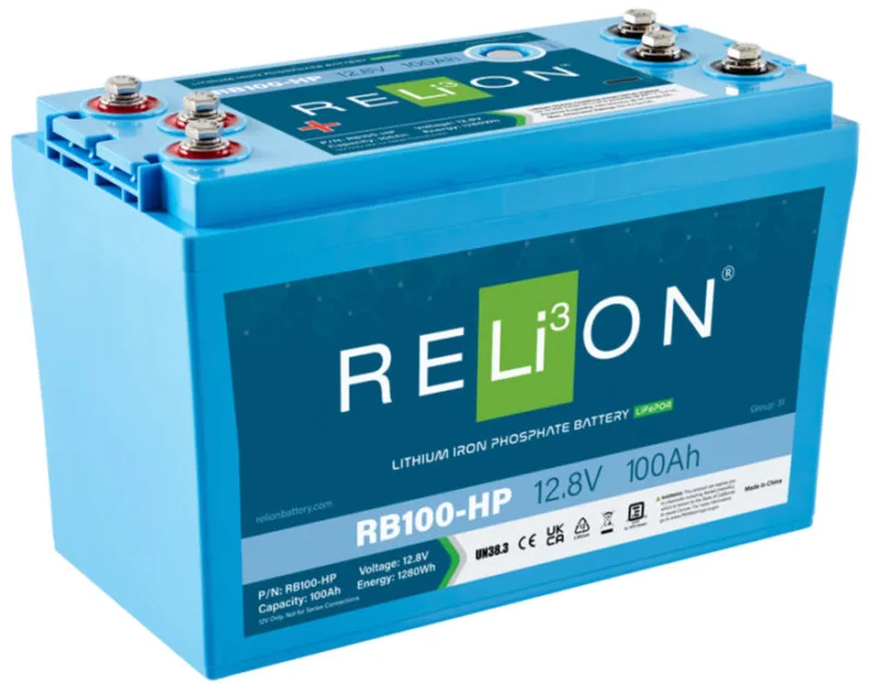 High Performance Lithium Deep Cycle Battery
RELiON's RB100-HP is a deep-cycle lithium-ion battery built for starting and cycling, with increased peak amps for starting motors, electric start generators and other high-amp-draw devices – plus, it doubles as a house battery, powering peripherals, accessories and more. The RB100-HP now includes six battery terminals versus the two on standard batteries, offering users more flexibility when connecting electronics to the battery.