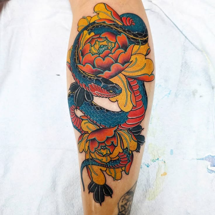 Neotraditional Colour Snake Tattoo
