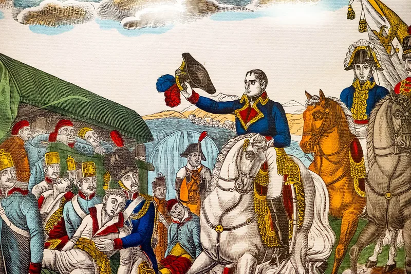 Numérisation haute résolution d'une gravure historique Napoléon saluant la foule – Fidélité couleurs et détails
