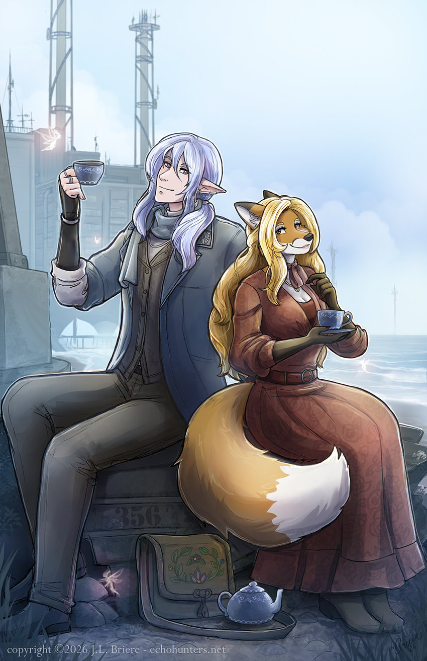 elf and fox sitting on tech debris