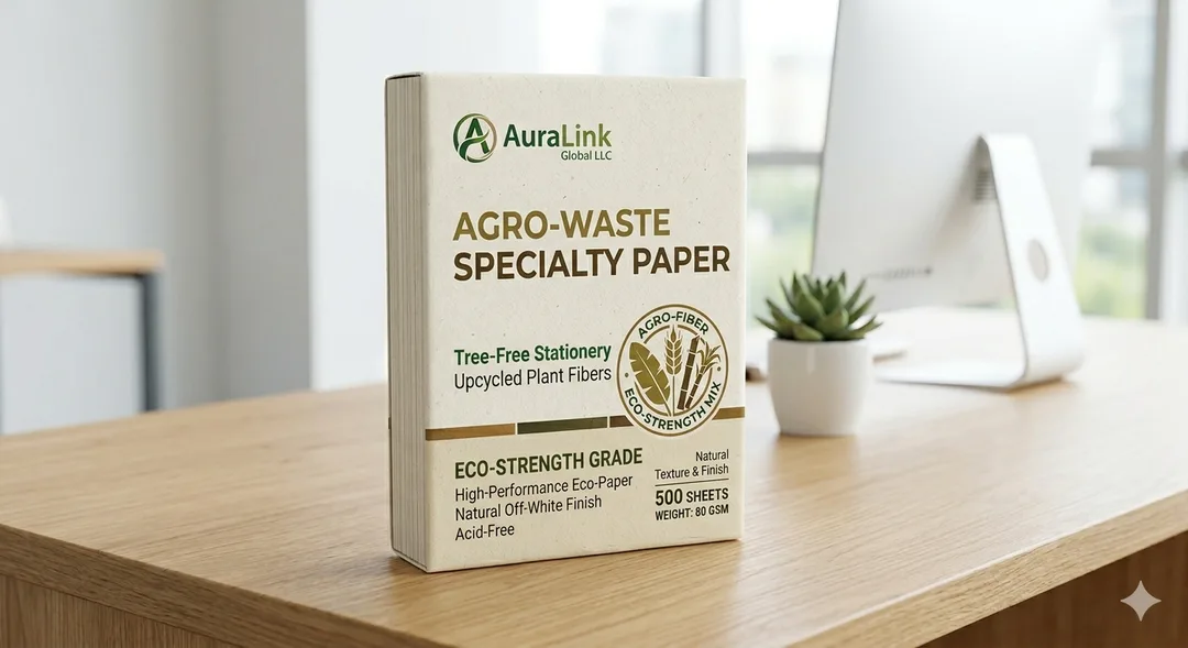AuraLink Global Agro Waste Specialty Paper High Performance Tree Free Stationery made from Upcycled Agricultural Plant Fibers with a Natural Off White Finish.