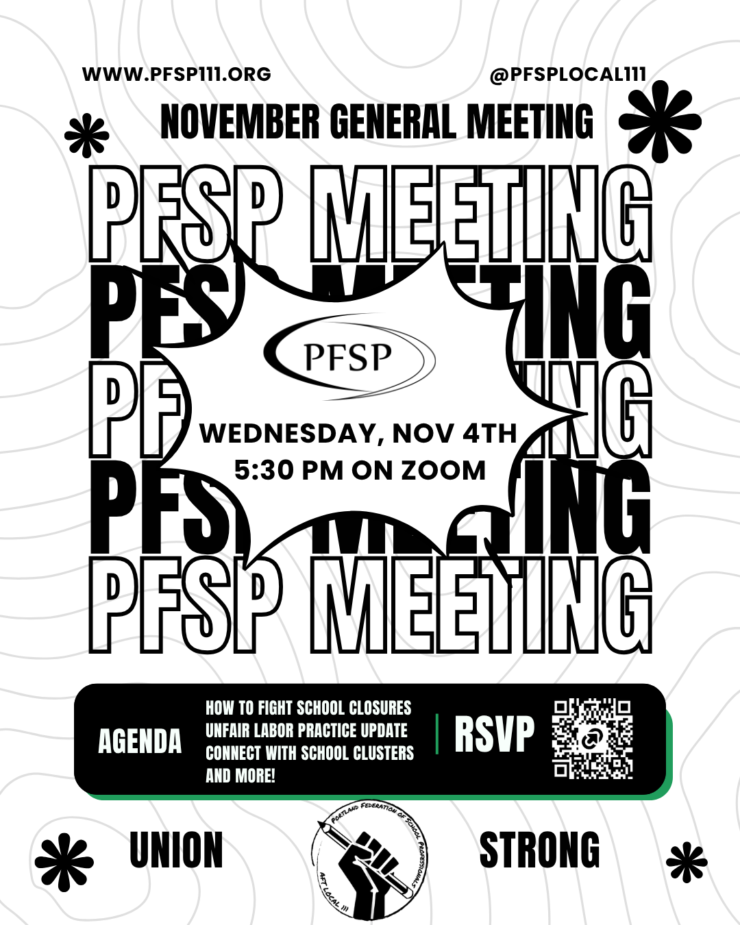 November General Meeting
Wednesday, November 4th
5:30pm on Zoom
RSVP using this link https://actionnetwork.org/events/november-general-membership-meeting-7?source=website