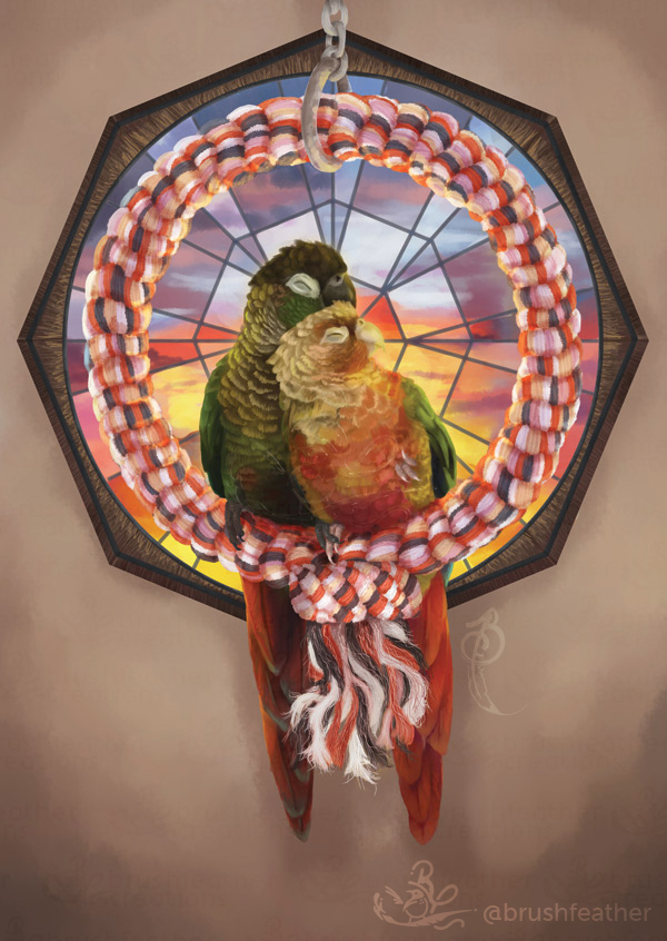 A digital painting of two green cheek conures snuggling and napping on a pink, red, white and gray round rope swing porch. The left conure is a wild-type, and the right is a pineapple. Behind them is a round window with an octagonal frame, a fiery sunset shining outside the glass. The window is set in a painted tan wall. 
