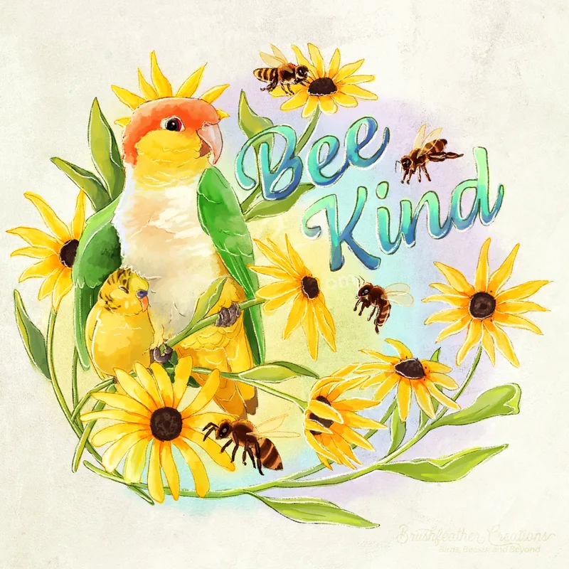 A digital watercolor painting of a white bellied caique with its wing over a yellow budgie. The two are perched on an array of black eyed susans, and the budgie is comfortably asleep. There are 4 honeybees buzzing harmlessly around them. To the right it reads 