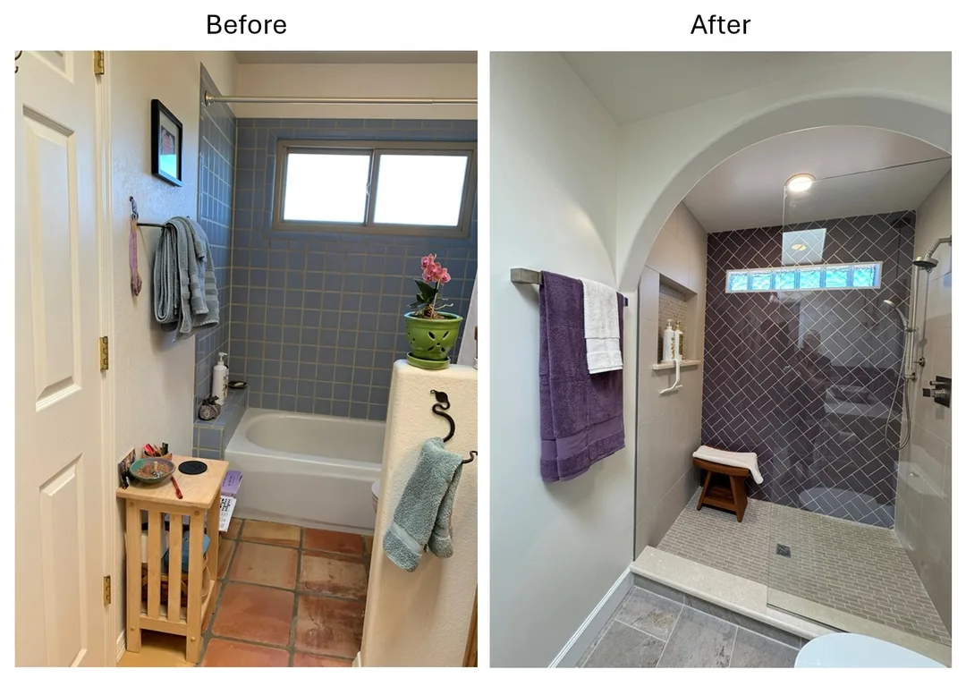 Before and after comparison of guest bathroom shower area in Eldorado at Santa Fe, NM: old tub-shower combination with wall shelf and worn saltillo tile flooring on left, new walk-in shower with large nicho, purple ceramic tile walls, new shower fixtures, porcelain ceramic tile flooring, Cambria quartz curb at shower entry, and new towel racks on right