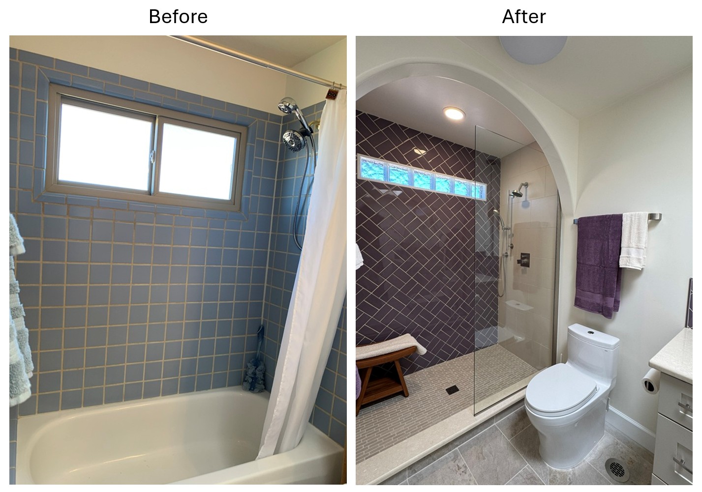 Before and after comparison of guest bathroom shower and window in Eldorado at Santa Fe, NM : old tub-shower combination with sliding window, shower curtain, and dated fixtures on left, new walk-in shower with arched entrance, purple ceramic tile back wall, six glass block window, new shower lighting, modern fixtures including hand shower and fixed glass partition, and new Toto toilet on right.
