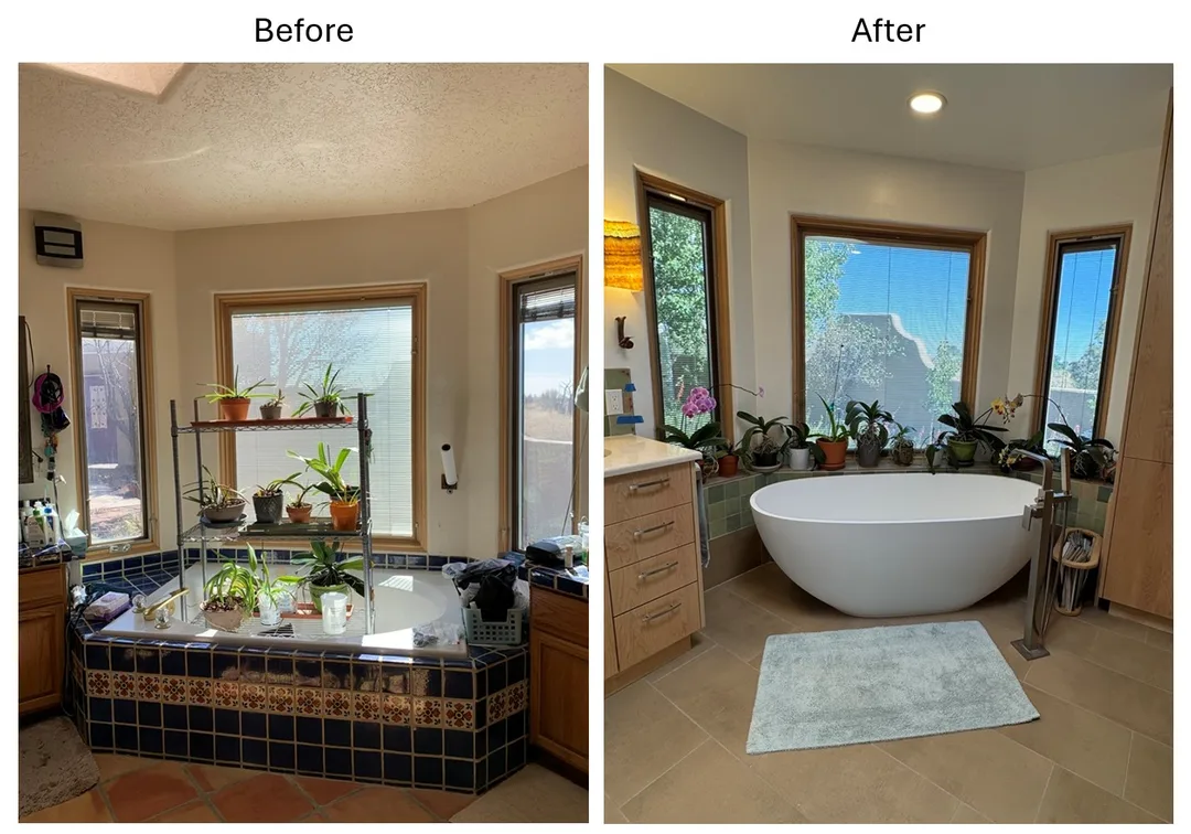 Before and after comparison of master bathroom tub area at Eldorado: old built-in jetted tub with terra cotta tile surround and saltillo floor tile on left, new freestanding soaking tub with modern porcelain ceramic tile flooring on right