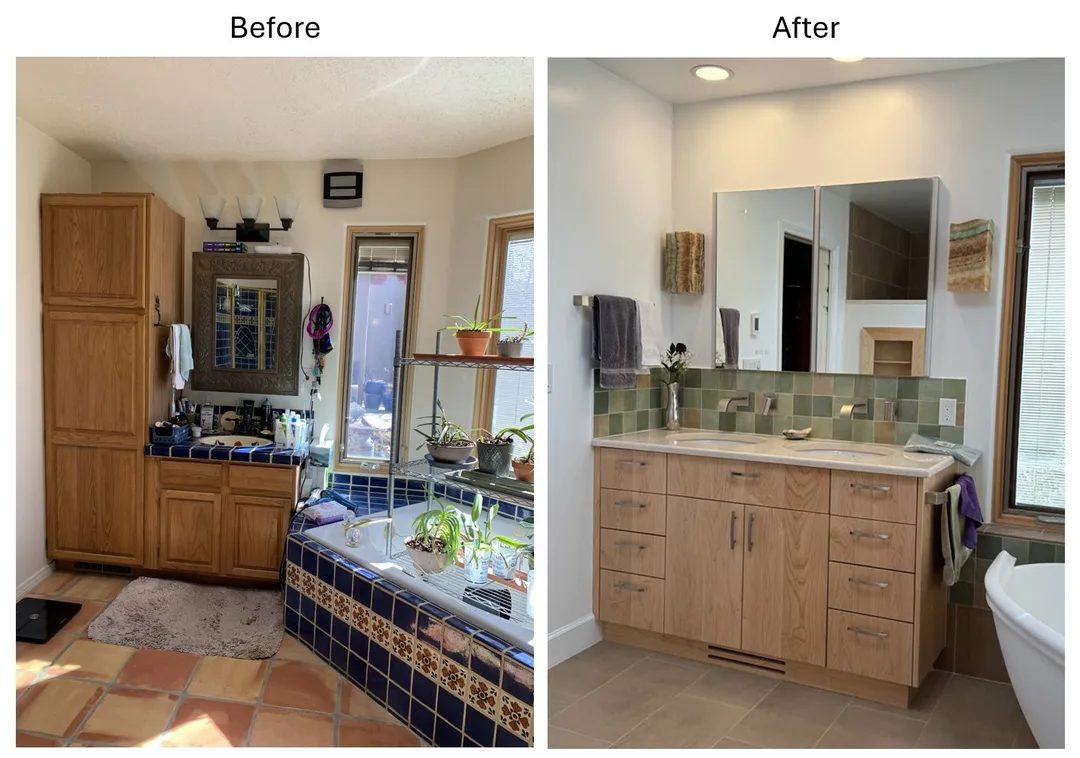 Before and after comparison of master bathroom vanity in Eldorado at Santa Fe NM: old vanity and adjacent cabinet on left, new custom maple cabinetry with dual sinks and wall-mounted medicine cabinet on right.
