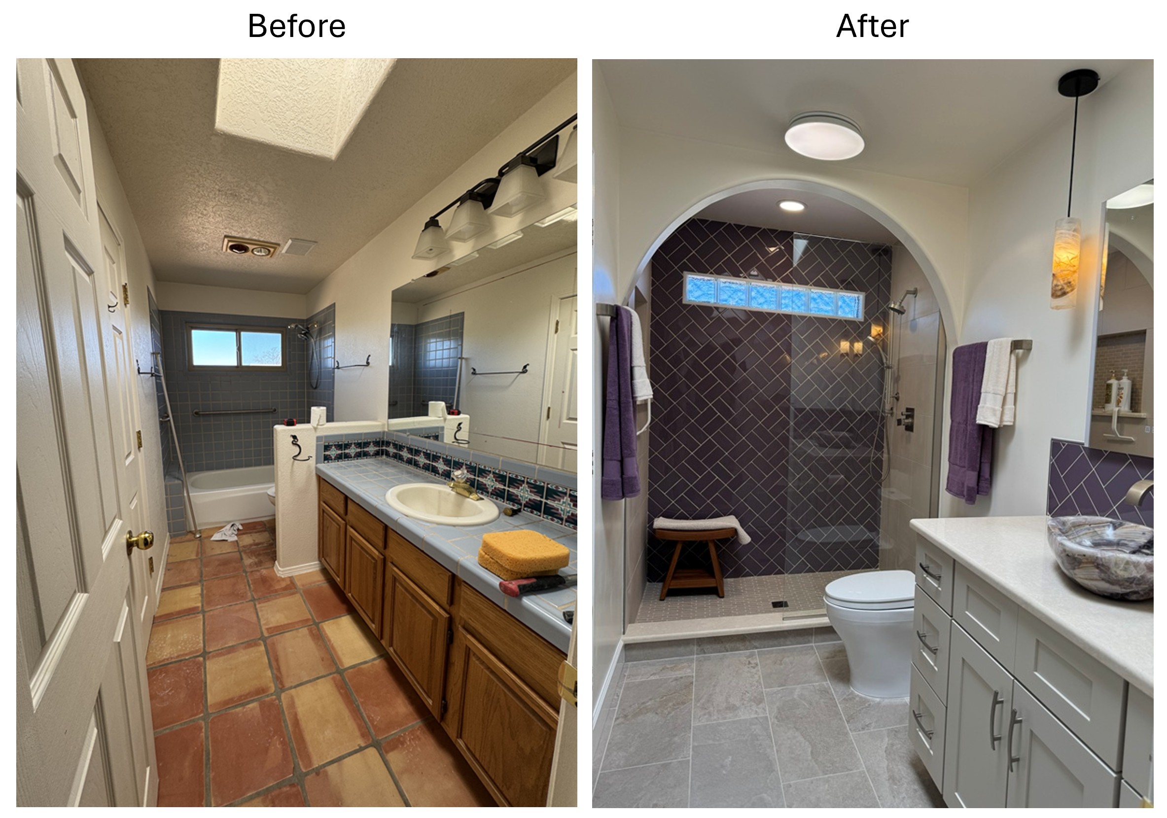 Before and after comparison of guest bathroom in  Eldorado: at Santa Fe, NM old bathroom with worn saltillo tile floor, tub-shower combo, textured ceiling, old light fixtures, and oak vanity with tile top on left, new bathroom with smooth walls and ceiling, walk-in shower with arched entrance and purple ceramic wall tile, glass block window, new vanity with Cambria quartz top and vessel onyx sink, new onyx lighting fixtures, new toilet, and new porcelain ceramic tile flooring on right