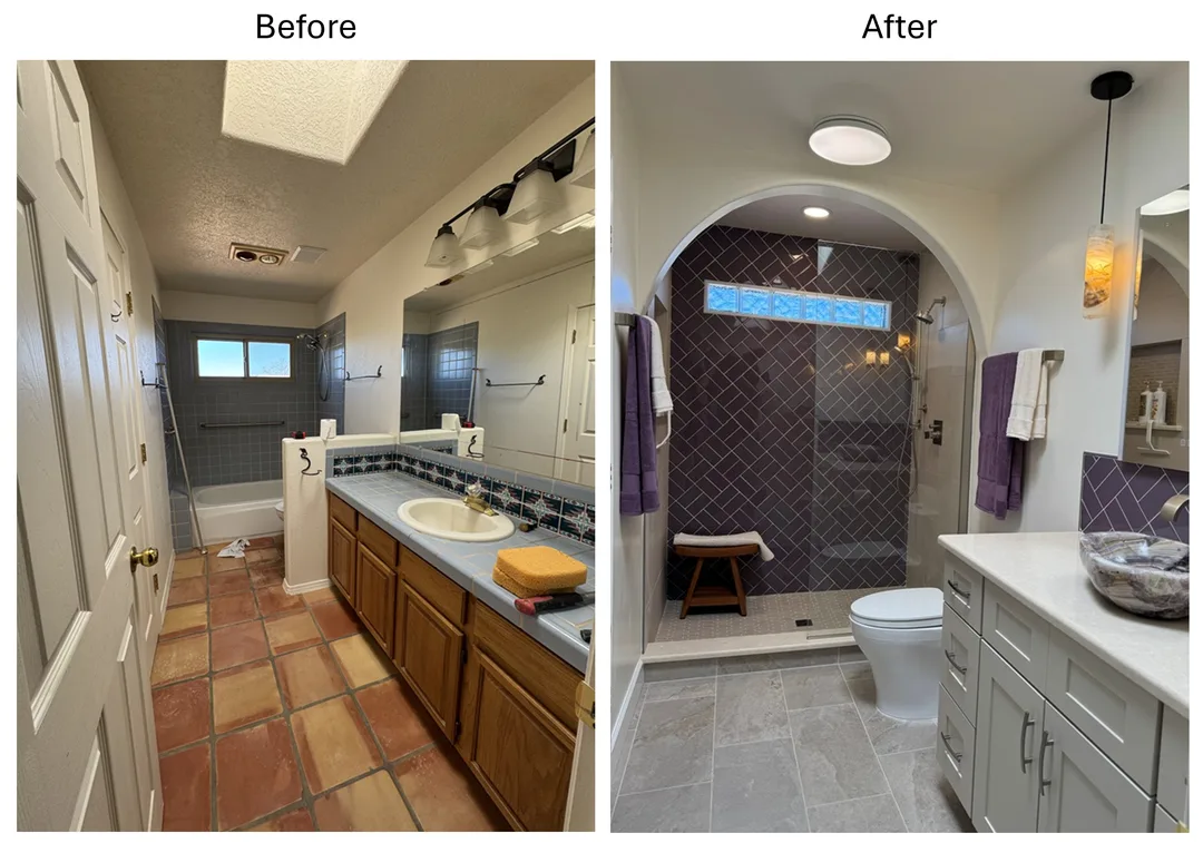 Before and after comparison of guest bathroom in  Eldorado: at Santa Fe, NM old bathroom with worn saltillo tile floor, tub-shower combo, textured ceiling, old light fixtures, and oak vanity with tile top on left, new bathroom with smooth walls and ceiling, walk-in shower with arched entrance and purple ceramic wall tile, glass block window, new vanity with Cambria quartz top and vessel onyx sink, new onyx lighting fixtures, new toilet, and new porcelain ceramic tile flooring on right