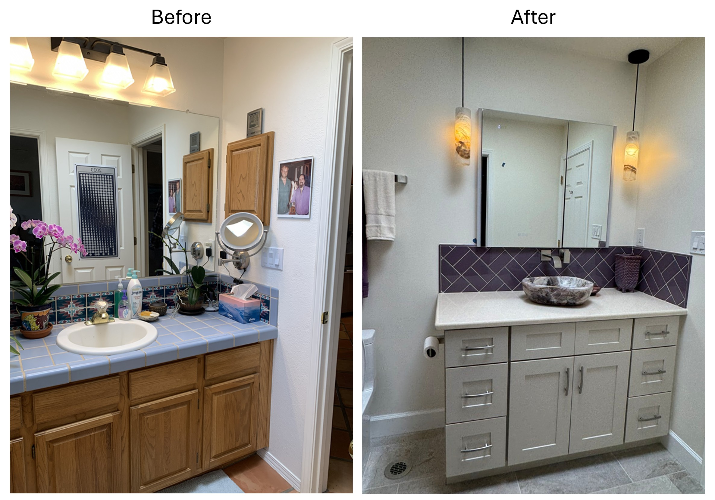 Before and after comparison of guest bathroom vanity in Eldorado at Santa Fe, NM: old oak vanity with tile top, small side-mounted oak medicine cabinet, mirror, and dated sink fixtures on left, new modern vanity with Cambria quartz countertop, vessel onyx sink, single-handle wall-mounted faucet, purple ceramic tile backsplash, smooth walls, onyx lighting fixtures, and new porcelain ceramic tile floor on right, new large mirrored medicine cabinet