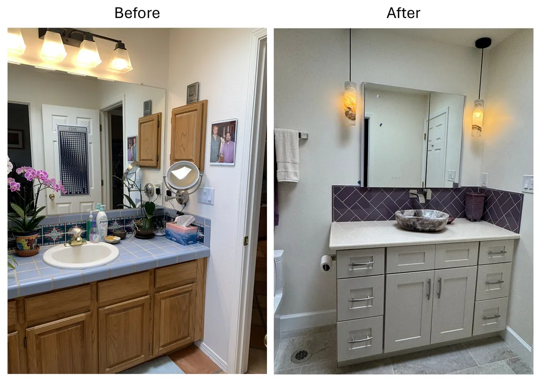 Before and after comparison of guest bathroom vanity in Eldorado at Santa Fe, NM: old oak vanity with tile top, small side-mounted oak medicine cabinet, mirror, and dated sink fixtures on left, new modern vanity with Cambria quartz countertop, vessel onyx sink, single-handle wall-mounted faucet, purple ceramic tile backsplash, smooth walls, onyx lighting fixtures, and new porcelain ceramic tile floor on right, new large mirrored medicine cabinet