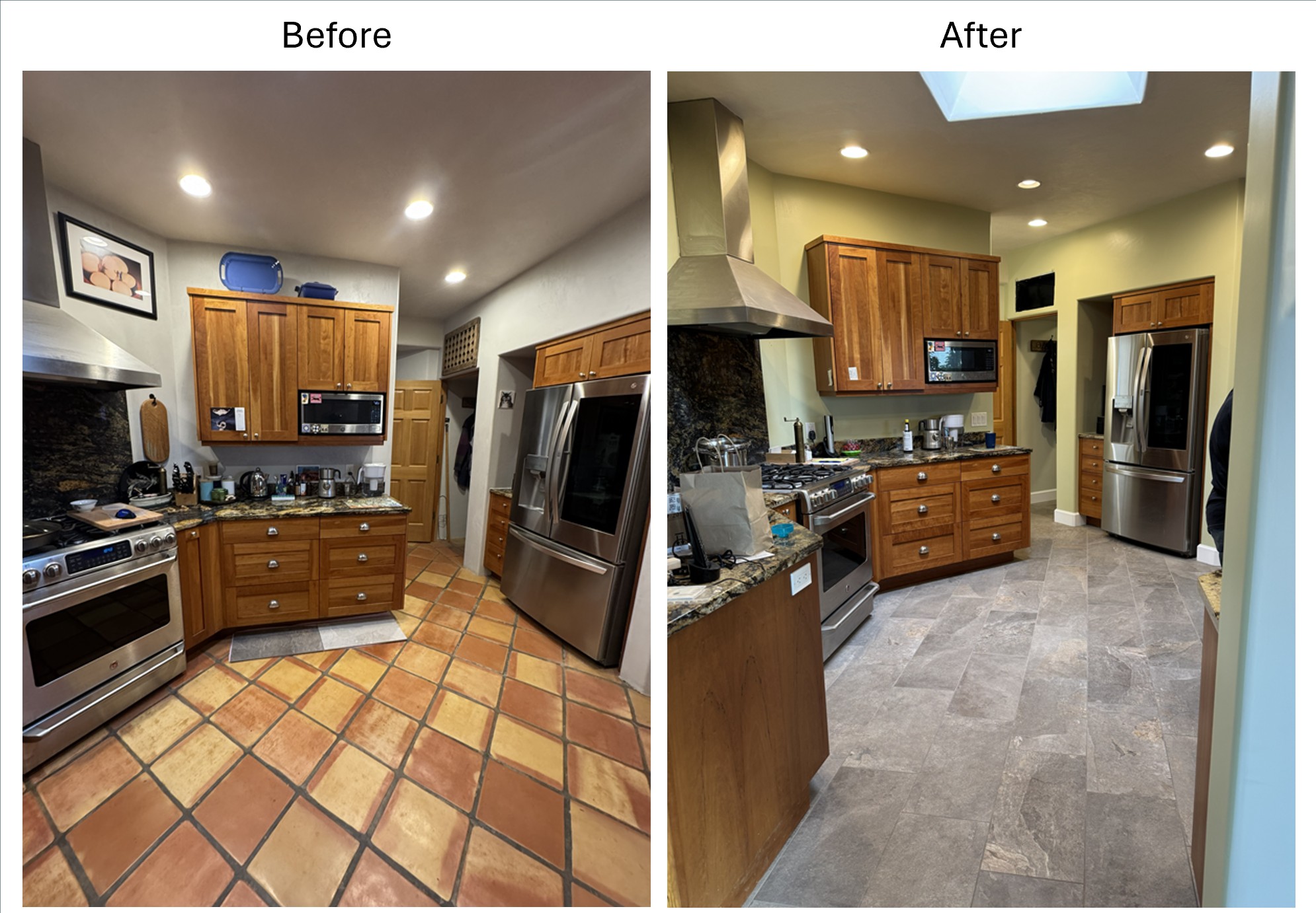 Kitchen update in Eldorado at Santa Fe featuring modern porcelain tile flooring installed under existing cabinets for a seamless, professional finish. Quality craftsmanship in every detail. Fresh paint over old plaster finish.