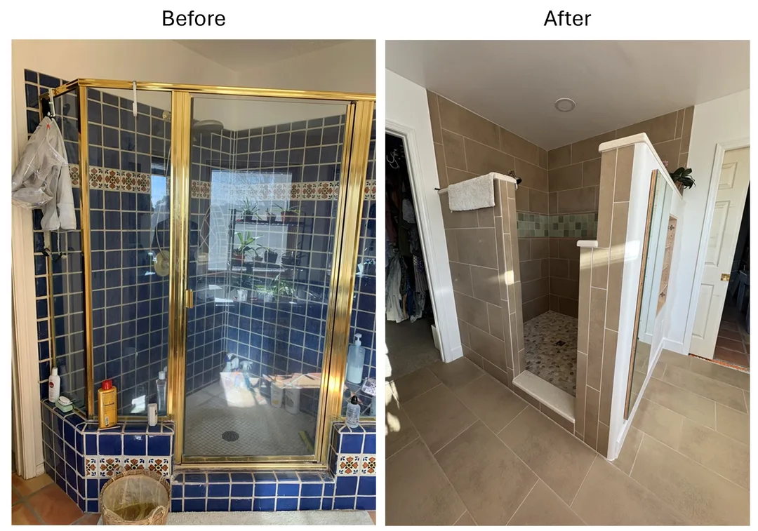 Before and after comparison of bathroom shower in Eldorado at Santa Fe, NM: old enclosed shower with glass doors and sides, terra cotta tile flooring on left, new open shower with porcelain ceramic wall tile, zelige neo band accent, and pebble tile floor on right