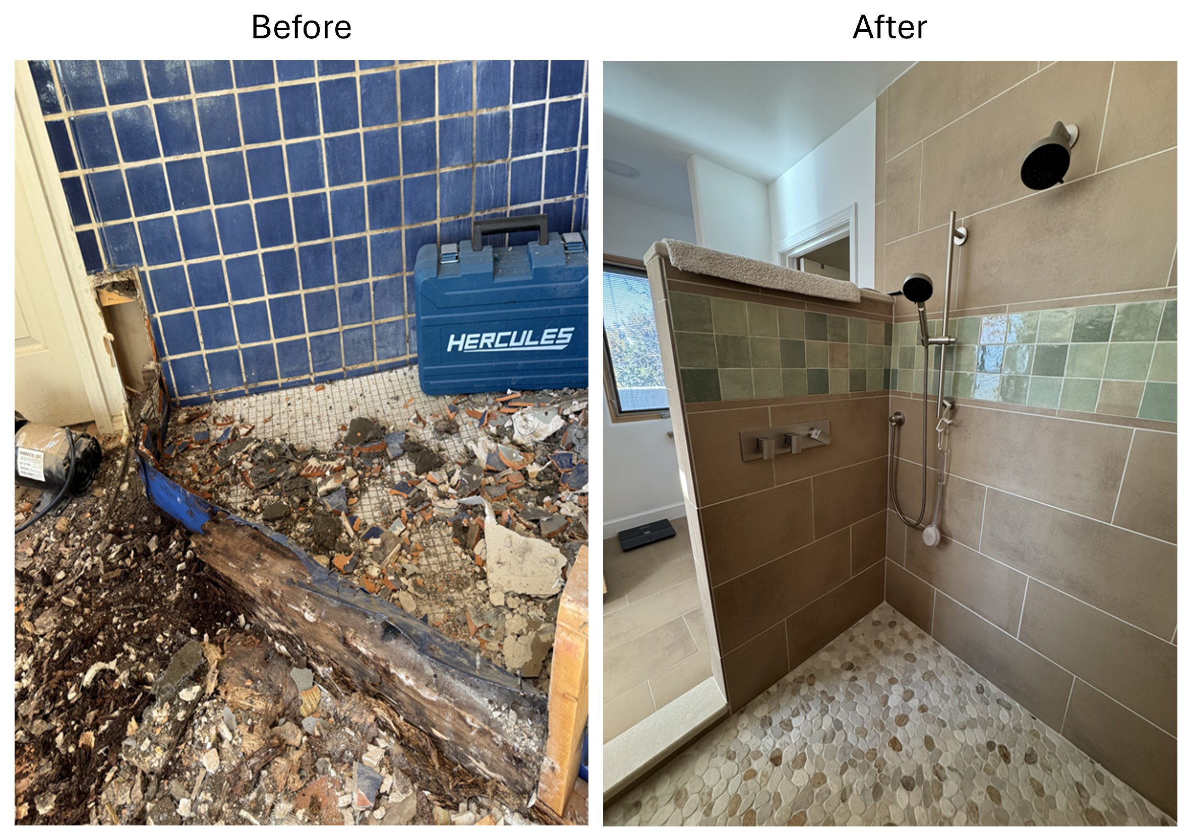 Before and after comparison of master bathroom shower at Eldorado: old shower with visible rot and termite damage on left, new open shower with pebble tile floor, porcelain ceramic wall tile, zelige neo band accent, and modern fixtures on right