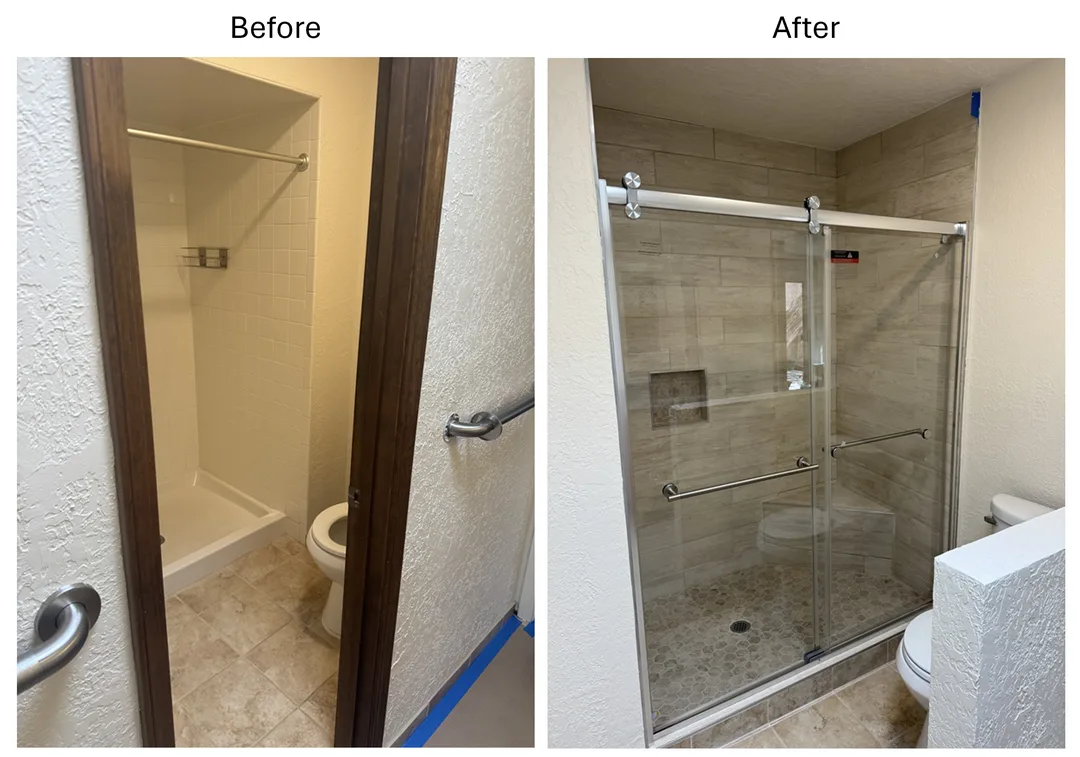 Bathroom shower renovation in Santa Fe NM area featuring custom shower pan, tiled walls and floor, and glass shower door. Modern, clean design with quality tile work throughout.