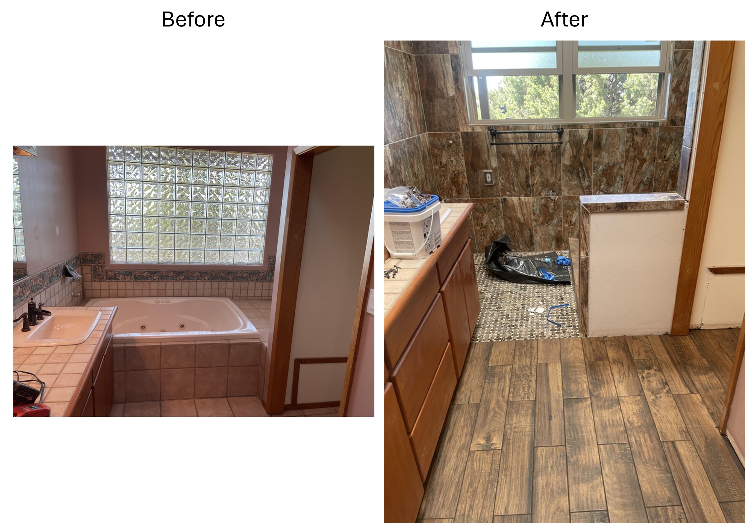 Before / After images of  complete bathroom transformation in Santa Fe NM area featuring new walk-in shower with floor-to-ceiling tile, replacement of outdated glass block window with modern double-hung windows. Spacious, modern design.