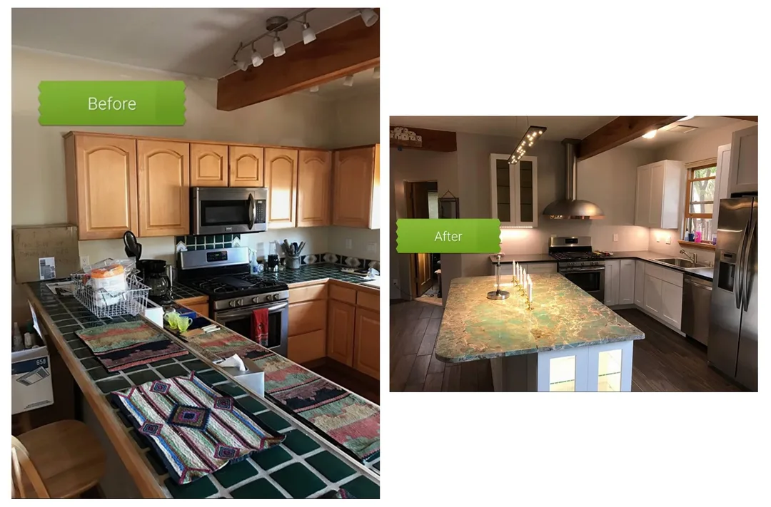 Before / After image of Kitchen remodel in Santa Fe NM area featuring custom island with granite countertop, modern cabinetry, new exhaust hood, and updated ceiling lighting. A complete transformation from dated oak to contemporary style.