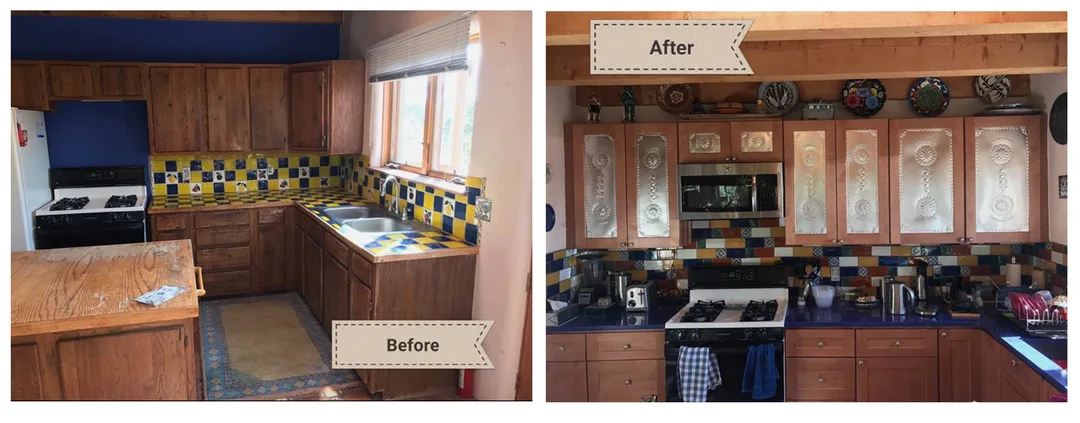 Custom kitchen renovation with striking metal punched cabinet doors, solid surface countertop, new backsplash, and integrated microwave. Modern design meets quality craftsmanship. Santa Fe, NM.