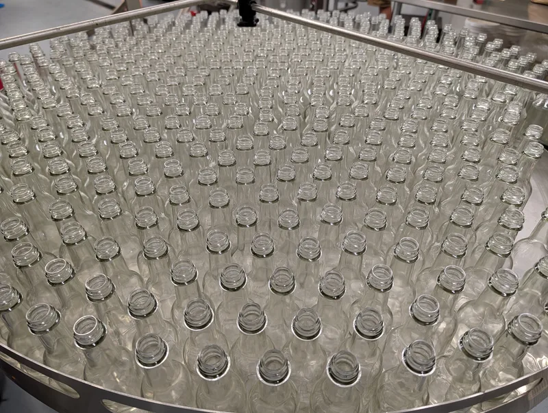 Empty hot sauce bottles before filling and sealing process.