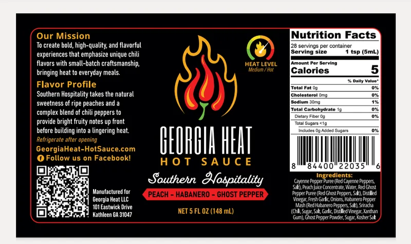 Georgia heat hot sauce label details.