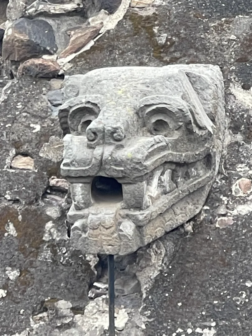 Jaguar head sculpture at Teotihuacan Mexico in 2025.