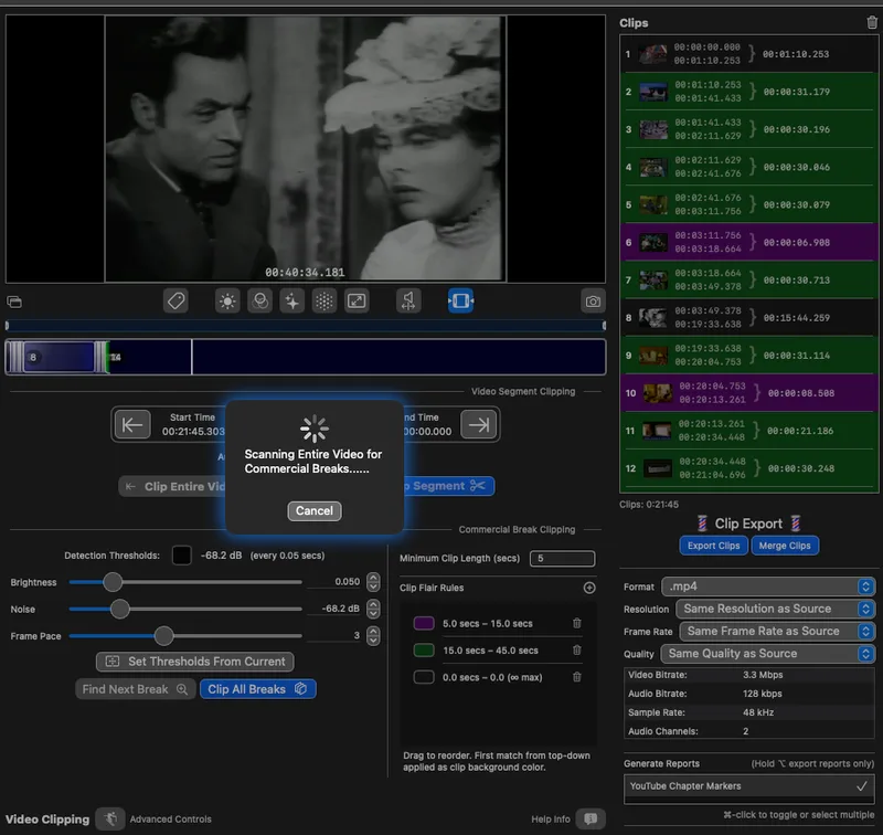 Quickly auto-clip commercials and programming from an entire VHS tape in minutes!