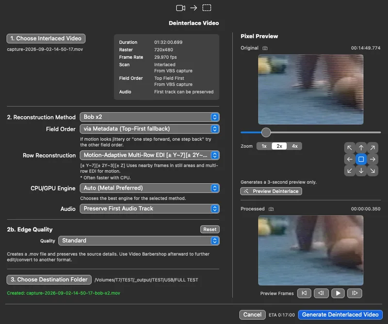 Deinterlace videos with highly customizable controls. A live preview allows you to test algorithms before exporting. 