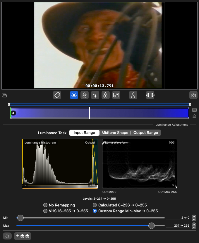 Correct luminance remapping from compressed image data from VHS tapes.