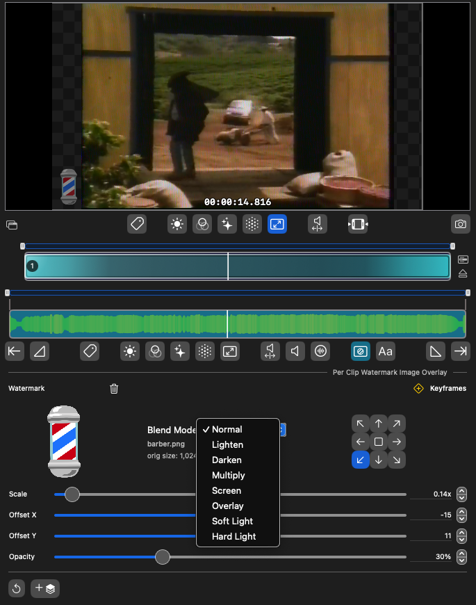Add image overlays over any clip, easily styling it for everything from watermarking to video art to dynamic transitions.