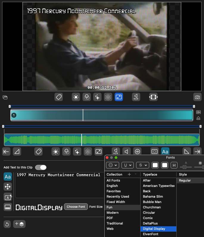 Overlay text, using any font from your system, to create everything from subtitles to lower thirds popups.