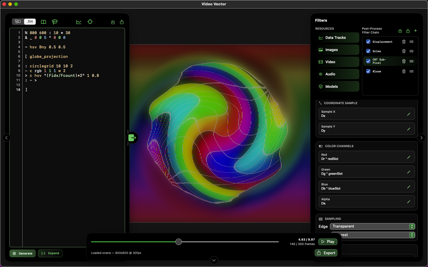 Video Vector, a 3D visual math and video post-processing playground