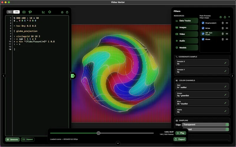 Video Vector, a 3D visual math and video post-processing playground