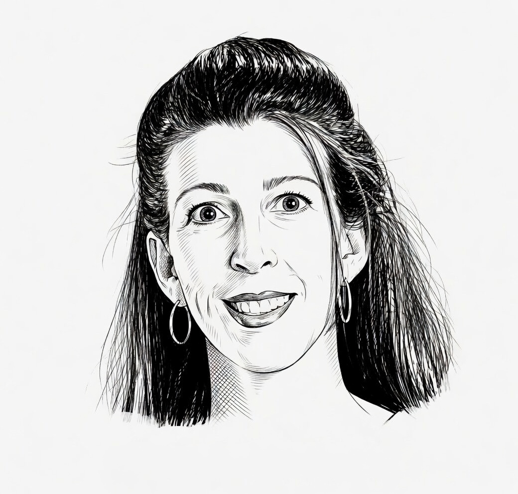Line drawing rendering of Dawn. Smiling face, with hair pulled back.